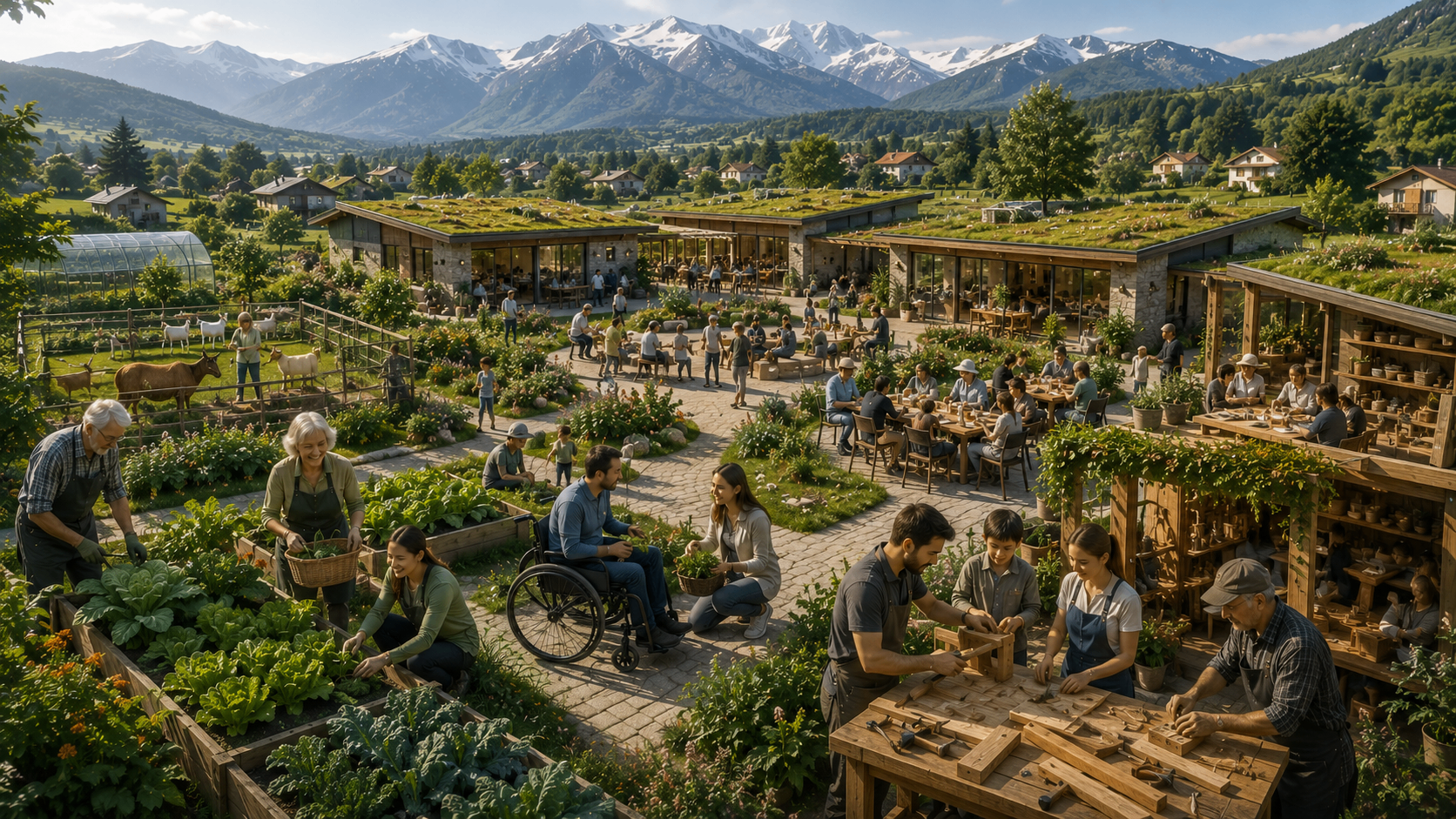 Yumanity mountain farm community — inclusive multigenerational village in Pirin