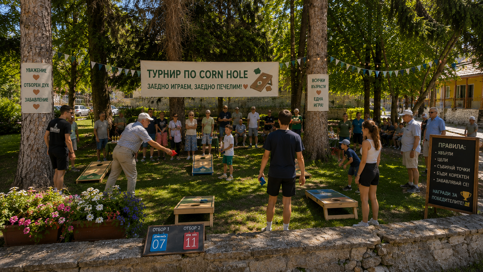 Community cornhole tournament for all ages at Yumanity