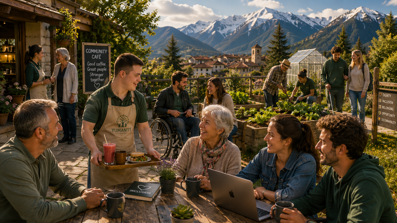 Working cafe render with nomads and community members sharing space