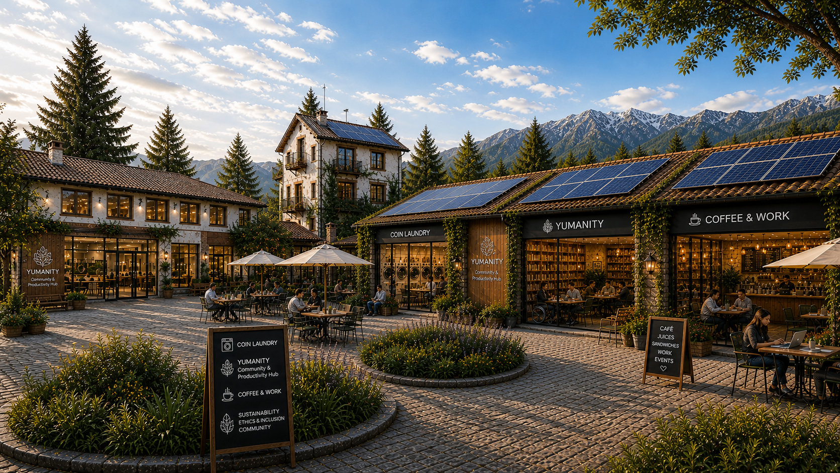 Yumanity campus and community businesses in Bansko